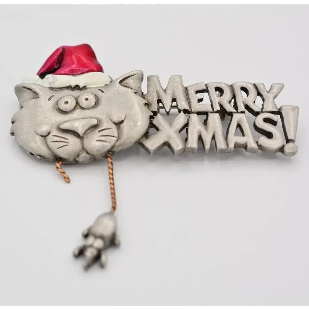 JJ Vintage Christmas Cat Mouse Pin Brooch Merry Santa Enamel Signed 1980s BinAT